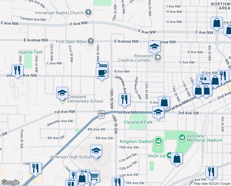 map of restaurants, bars, coffee shops, grocery stores, and more near 235 18th Street Northwest in Cedar Rapids