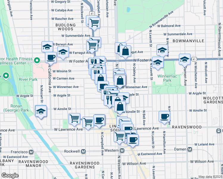 map of restaurants, bars, coffee shops, grocery stores, and more near 2423 West Winnemac Avenue in Chicago