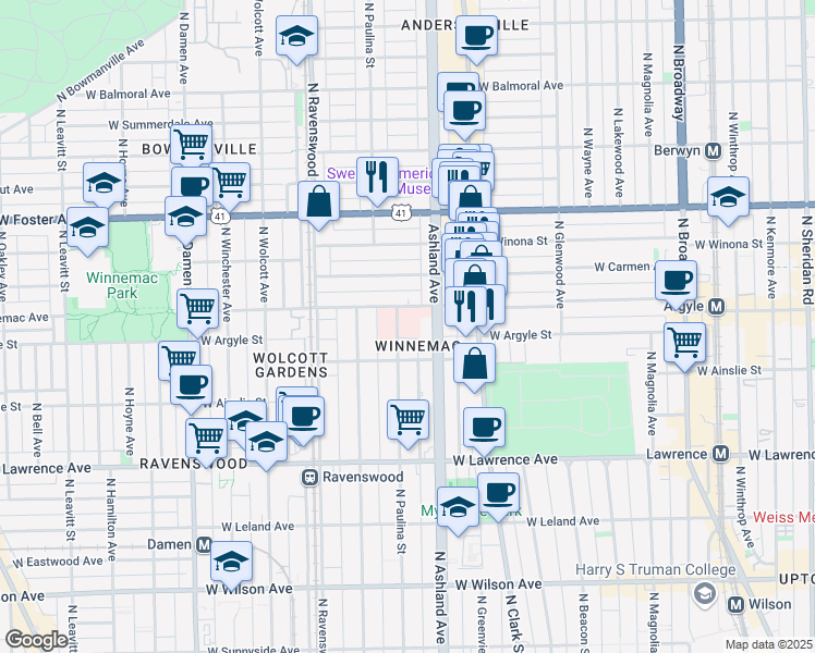 map of restaurants, bars, coffee shops, grocery stores, and more near 5015 North Paulina Street in Chicago