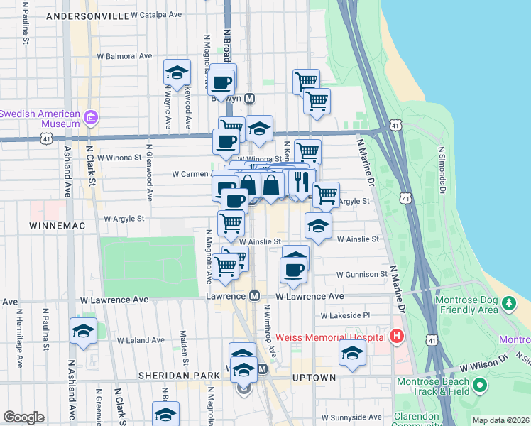 map of restaurants, bars, coffee shops, grocery stores, and more near in Chicago