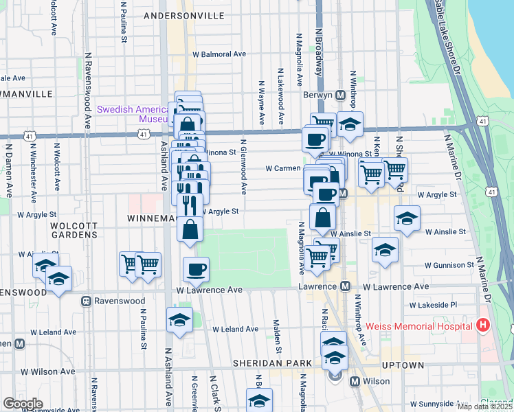 map of restaurants, bars, coffee shops, grocery stores, and more near 1342 West Argyle Street in Chicago