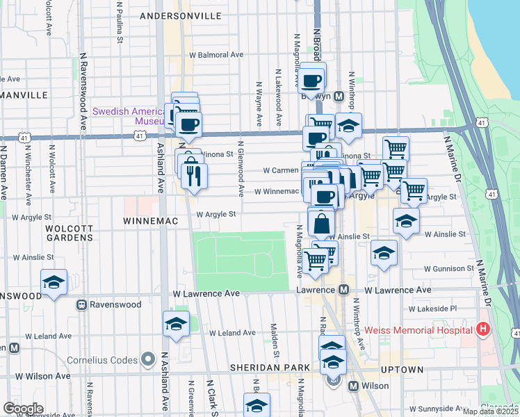 map of restaurants, bars, coffee shops, grocery stores, and more near 1330 West Argyle Street in Chicago