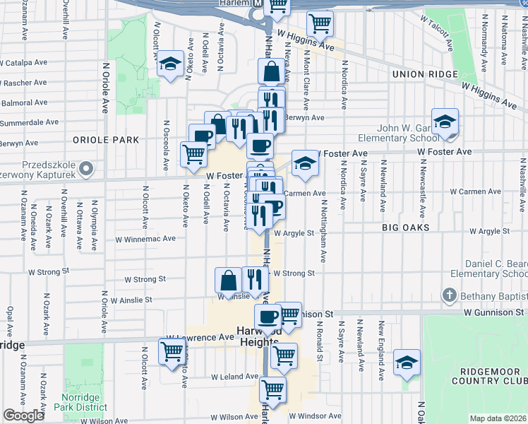 map of restaurants, bars, coffee shops, grocery stores, and more near 5100 North Harlem Avenue in Harwood Heights