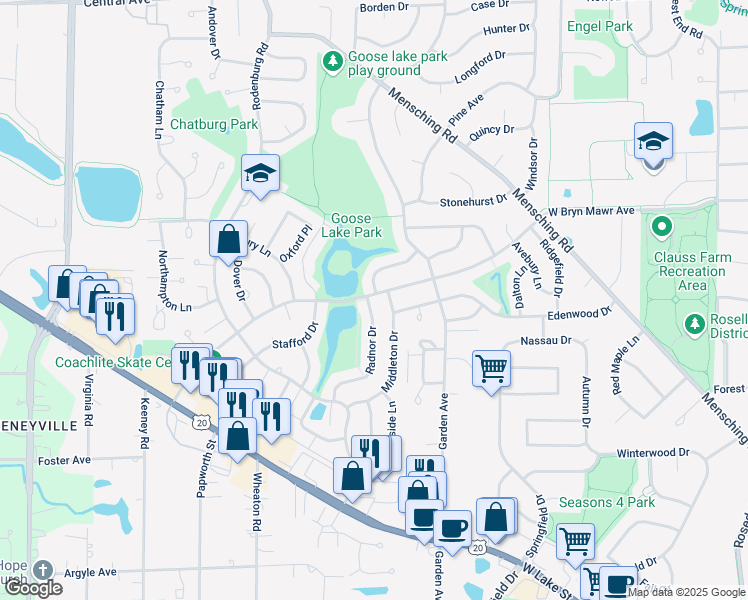 map of restaurants, bars, coffee shops, grocery stores, and more near 535 Radnor Drive in Roselle