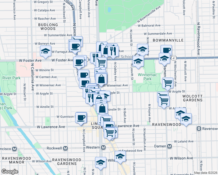 map of restaurants, bars, coffee shops, grocery stores, and more near 2325 West Winnemac Avenue in Chicago