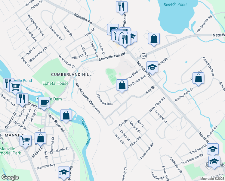 map of restaurants, bars, coffee shops, grocery stores, and more near 108 Pheasant Run in Cumberland