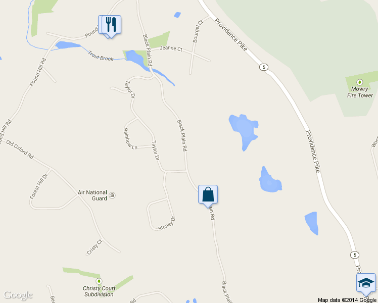 map of restaurants, bars, coffee shops, grocery stores, and more near 612 Black Plain Road in North Smithfield