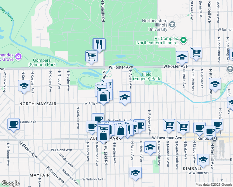 map of restaurants, bars, coffee shops, grocery stores, and more near 5034 North Springfield Avenue in Chicago