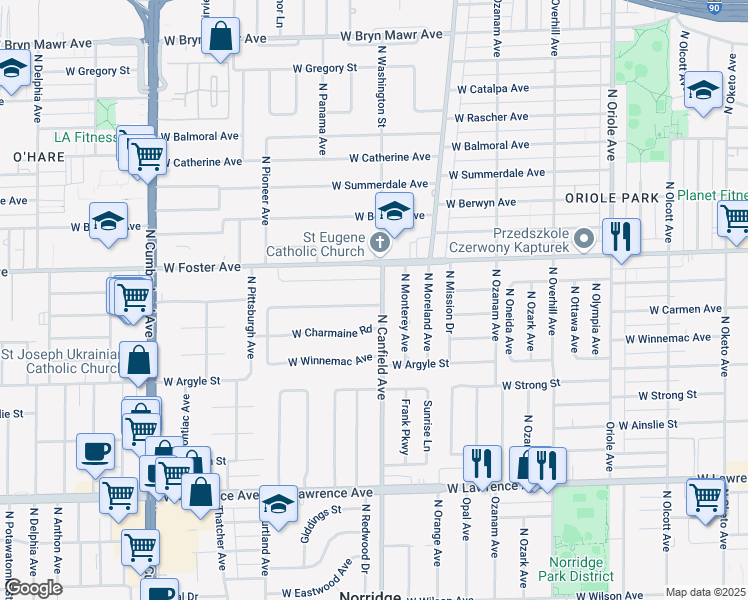 map of restaurants, bars, coffee shops, grocery stores, and more near 5173 North Canfield Avenue in Norridge