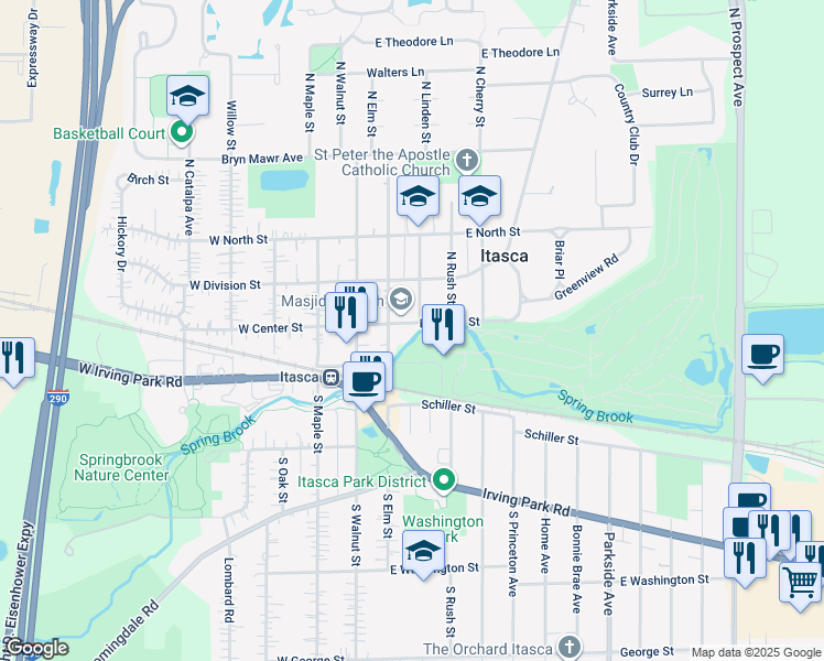 map of restaurants, bars, coffee shops, grocery stores, and more near 212 East Center Street in Itasca