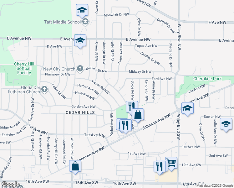 map of restaurants, bars, coffee shops, grocery stores, and more near 250 Jacolyn Drive Northwest in Cedar Rapids