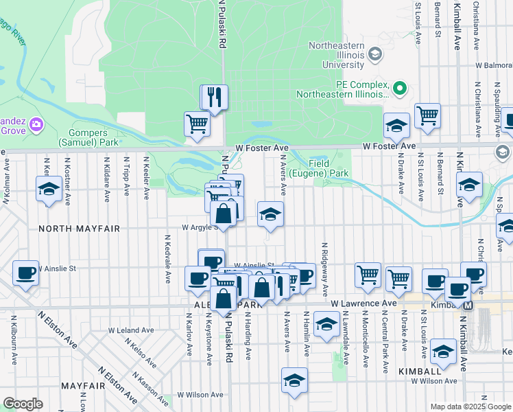 map of restaurants, bars, coffee shops, grocery stores, and more near 5034 North Springfield Avenue in Chicago