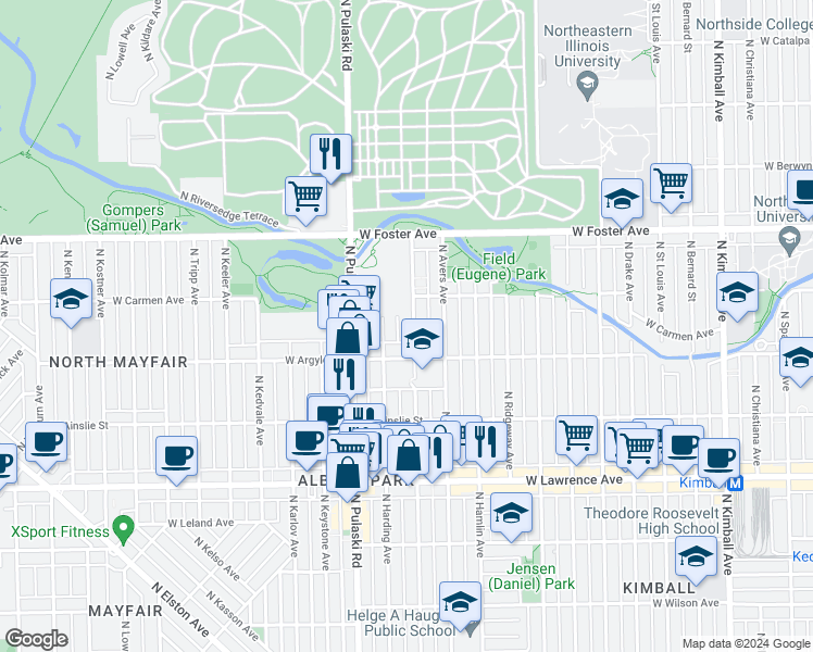 map of restaurants, bars, coffee shops, grocery stores, and more near 5030 North Springfield Avenue in Chicago