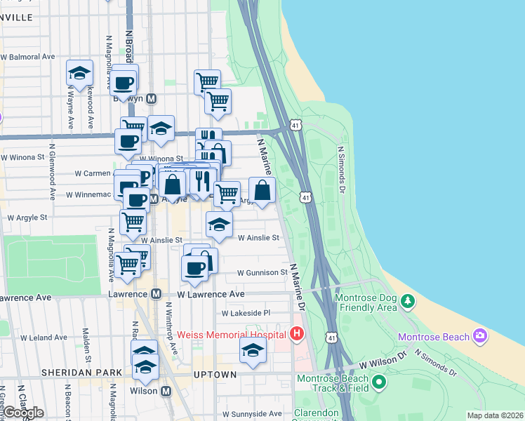 map of restaurants, bars, coffee shops, grocery stores, and more near 4950 North Marine Drive in Chicago