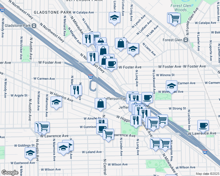 map of restaurants, bars, coffee shops, grocery stores, and more near 5063 North Avondale Avenue in Chicago