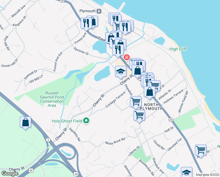 map of restaurants, bars, coffee shops, grocery stores, and more near 37 South Cherry Street in Plymouth