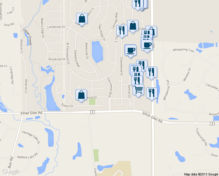 map of restaurants, bars, coffee shops, grocery stores, and more near 19 East Sandstone Court in South Elgin