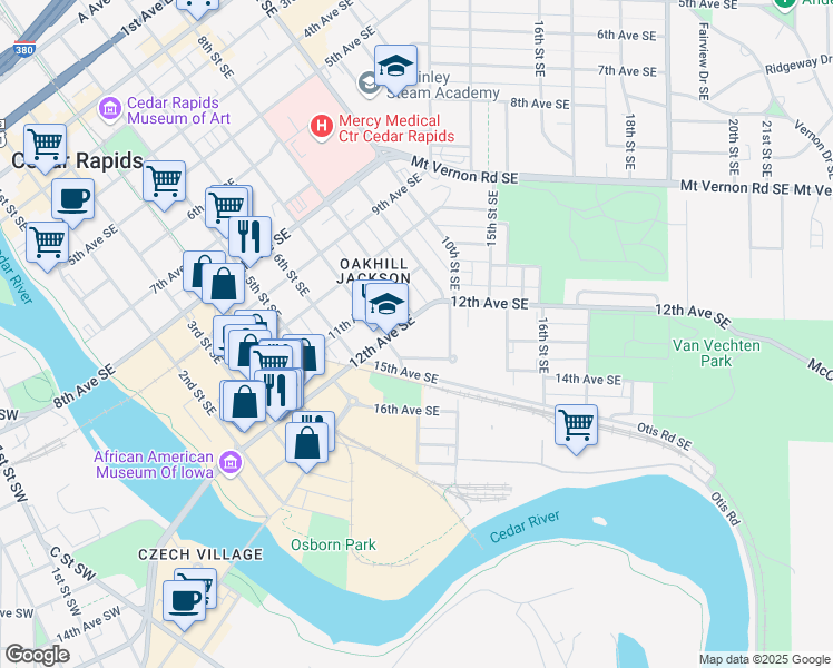 map of restaurants, bars, coffee shops, grocery stores, and more near 1212 7th Street Southeast in Cedar Rapids