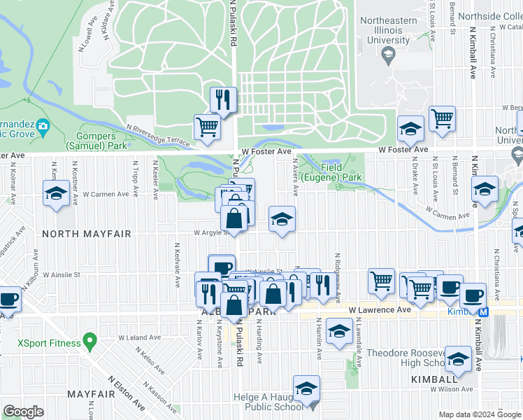 map of restaurants, bars, coffee shops, grocery stores, and more near 5031 North Harding Avenue in Chicago