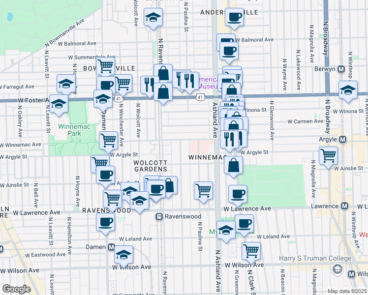 map of restaurants, bars, coffee shops, grocery stores, and more near 5015 North Hermitage Avenue in Chicago