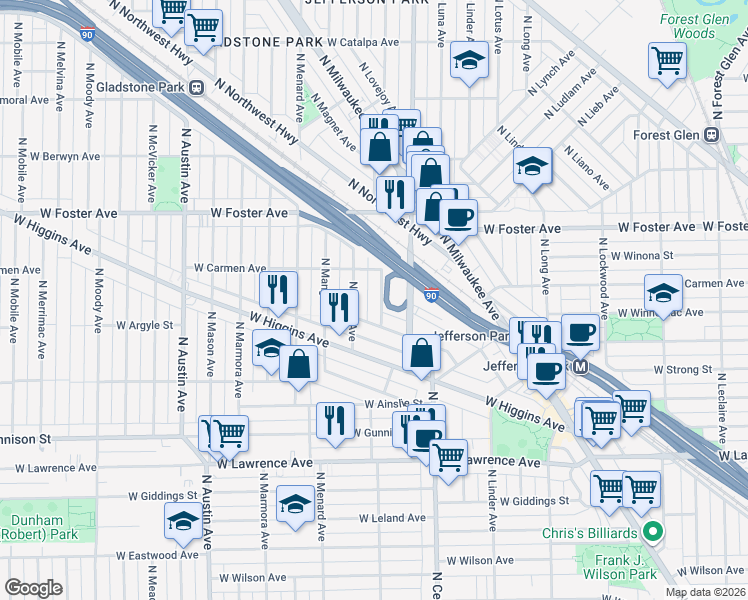map of restaurants, bars, coffee shops, grocery stores, and more near 5030 West Carmen Avenue in Chicago