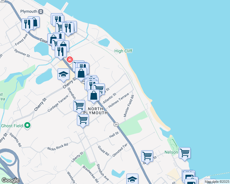 map of restaurants, bars, coffee shops, grocery stores, and more near 24 Atlantic Street in Plymouth