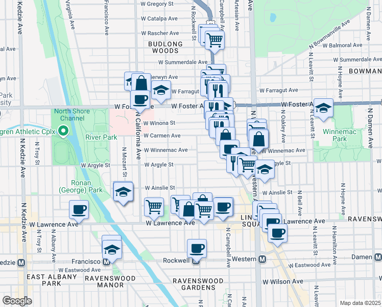 map of restaurants, bars, coffee shops, grocery stores, and more near 2611 West Winnemac Avenue in Chicago
