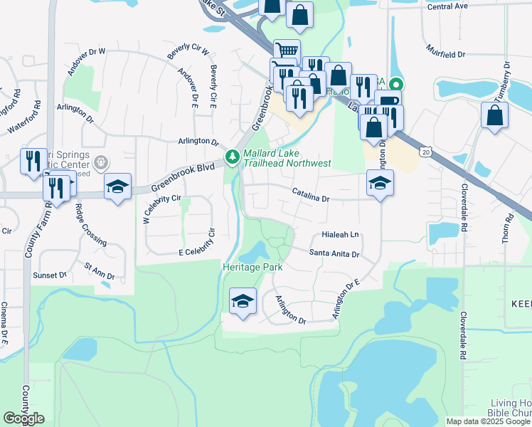 map of restaurants, bars, coffee shops, grocery stores, and more near 5479 Arlington Drive West in Hanover Park
