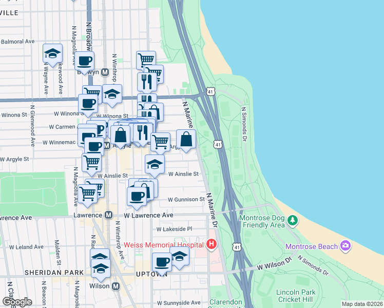 map of restaurants, bars, coffee shops, grocery stores, and more near 4960 North Marine Drive in Chicago