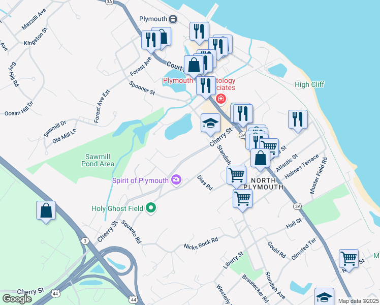 map of restaurants, bars, coffee shops, grocery stores, and more near 37 South Cherry Street in Plymouth