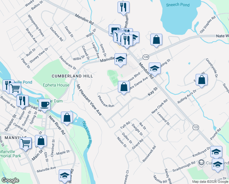 map of restaurants, bars, coffee shops, grocery stores, and more near 108 Pheasant Run in Cumberland