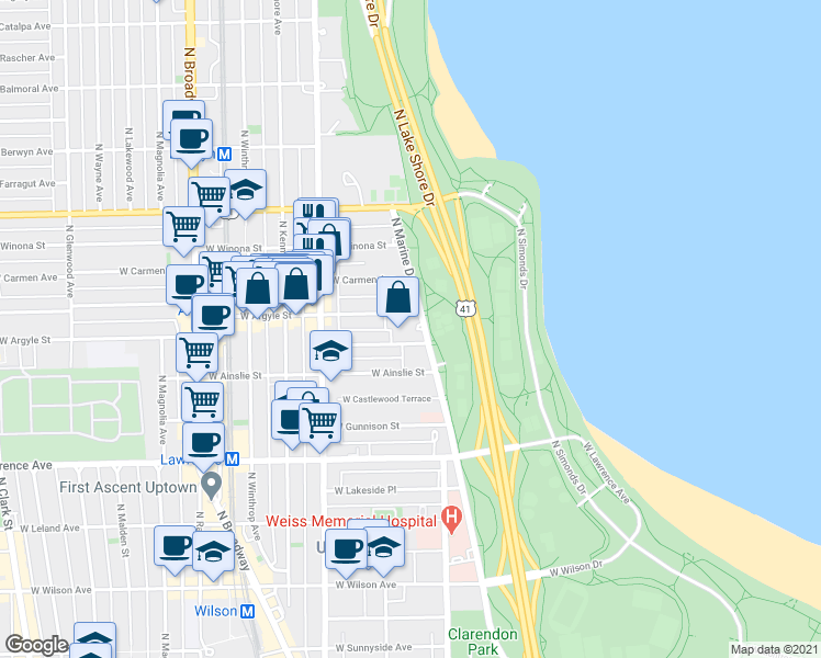 map of restaurants, bars, coffee shops, grocery stores, and more near 4960 North Marine Drive in Chicago