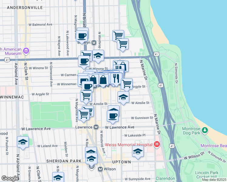 map of restaurants, bars, coffee shops, grocery stores, and more near 1005 West Argyle Street in Chicago