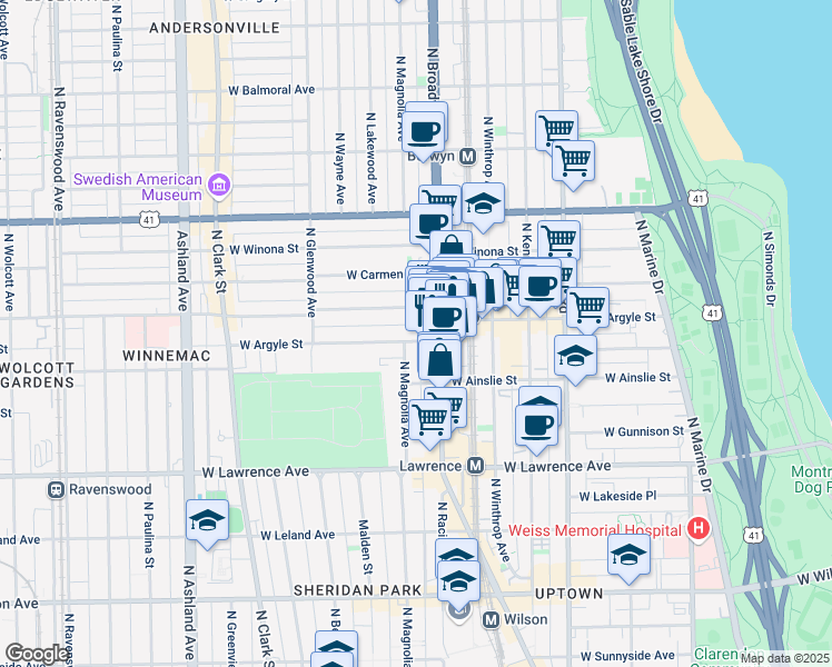 map of restaurants, bars, coffee shops, grocery stores, and more near 4953 North Broadway in Chicago