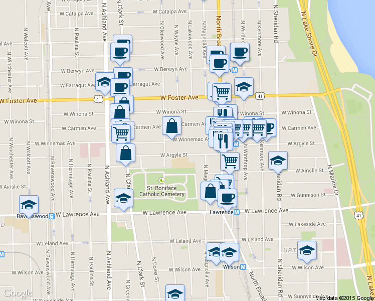 map of restaurants, bars, coffee shops, grocery stores, and more near 1318 West Argyle Street in Chicago
