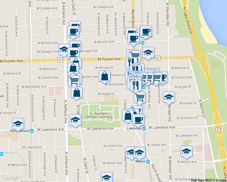 map of restaurants, bars, coffee shops, grocery stores, and more near 1318 West Argyle Street in Chicago