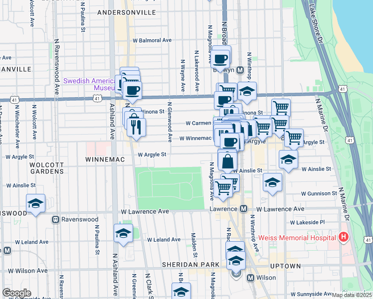 map of restaurants, bars, coffee shops, grocery stores, and more near 1318 West Argyle Street in Chicago