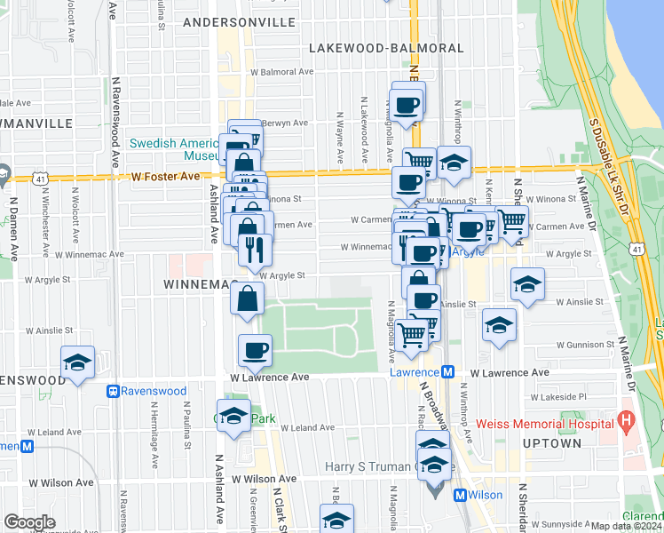 map of restaurants, bars, coffee shops, grocery stores, and more near 5011 North Glenwood Avenue in Chicago