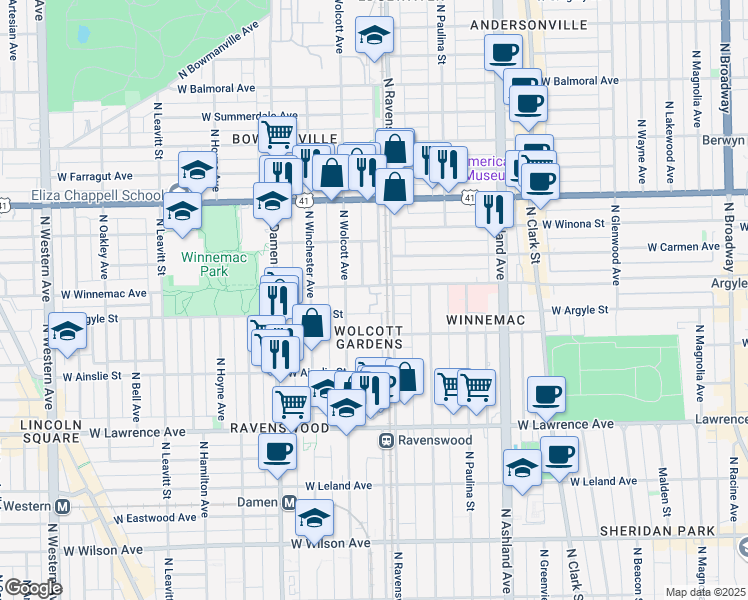 map of restaurants, bars, coffee shops, grocery stores, and more near 1801 West Winnemac Avenue in Chicago