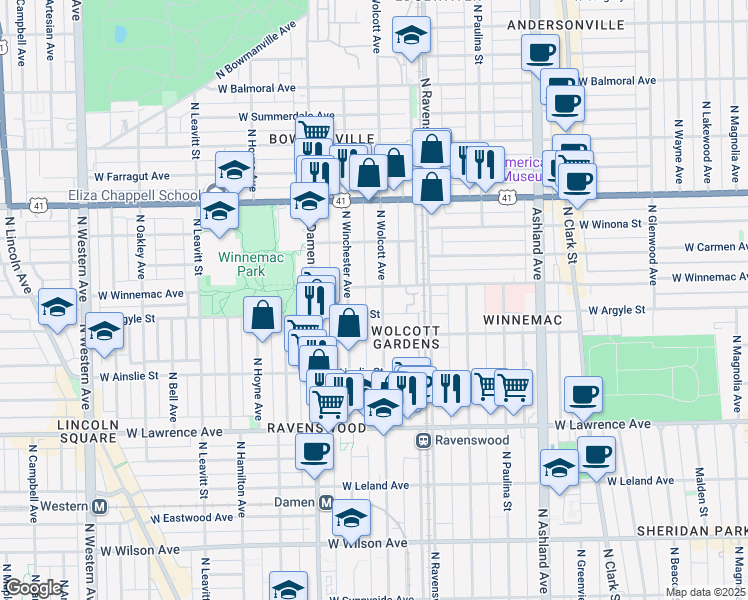 map of restaurants, bars, coffee shops, grocery stores, and more near 5014 North Wolcott Avenue in Chicago
