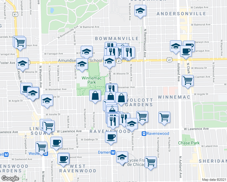 map of restaurants, bars, coffee shops, grocery stores, and more near 5017 North Damen Avenue in Chicago