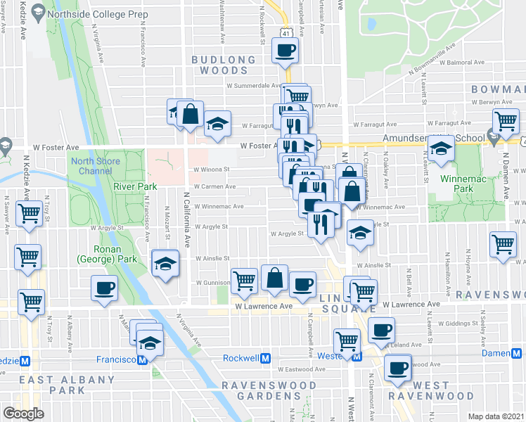 map of restaurants, bars, coffee shops, grocery stores, and more near 2611 West Winnemac Avenue in Chicago