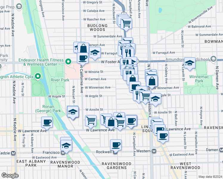 map of restaurants, bars, coffee shops, grocery stores, and more near 2611 West Winnemac Avenue in Chicago