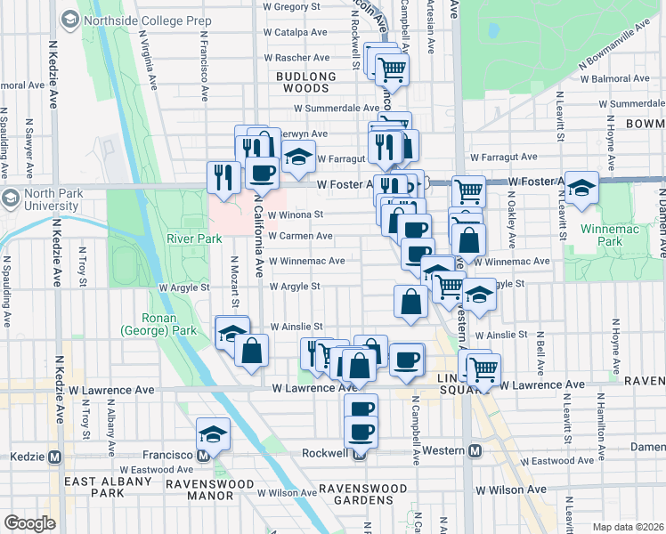 map of restaurants, bars, coffee shops, grocery stores, and more near 2653 West Winnemac Avenue in Chicago