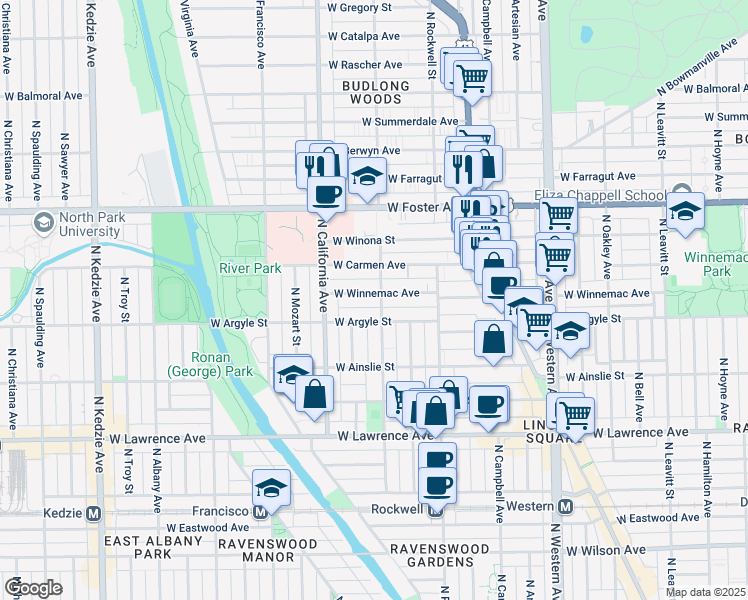 map of restaurants, bars, coffee shops, grocery stores, and more near 2653 West Winnemac Avenue in Chicago
