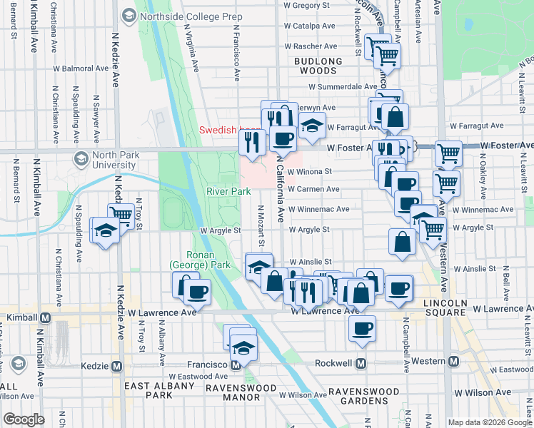 map of restaurants, bars, coffee shops, grocery stores, and more near 5026 North California Avenue in Chicago