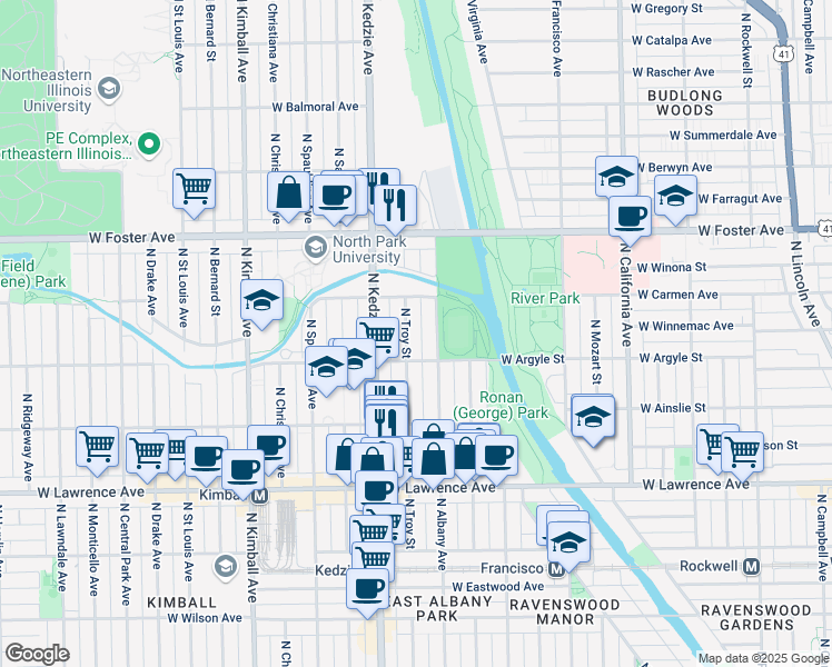 map of restaurants, bars, coffee shops, grocery stores, and more near 5028 North Albany Avenue in Chicago