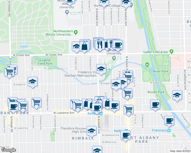 map of restaurants, bars, coffee shops, grocery stores, and more near 3410 West Carmen Avenue in Chicago