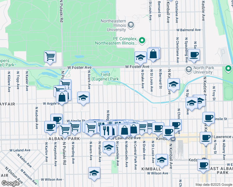 map of restaurants, bars, coffee shops, grocery stores, and more near 5033 North Ridgeway Avenue in Chicago