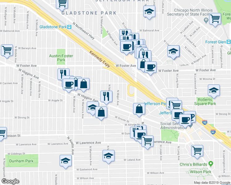map of restaurants, bars, coffee shops, grocery stores, and more near 5026 North Major Avenue in Chicago